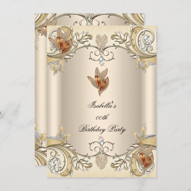 Invitación Elegante Cream Beige Gold Butterfly Fiesta de cump (Anverso / Reverso)