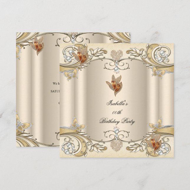 Invitación Elegante Cream Beige Gold Butterfly Fiesta de cump (Anverso / Reverso)