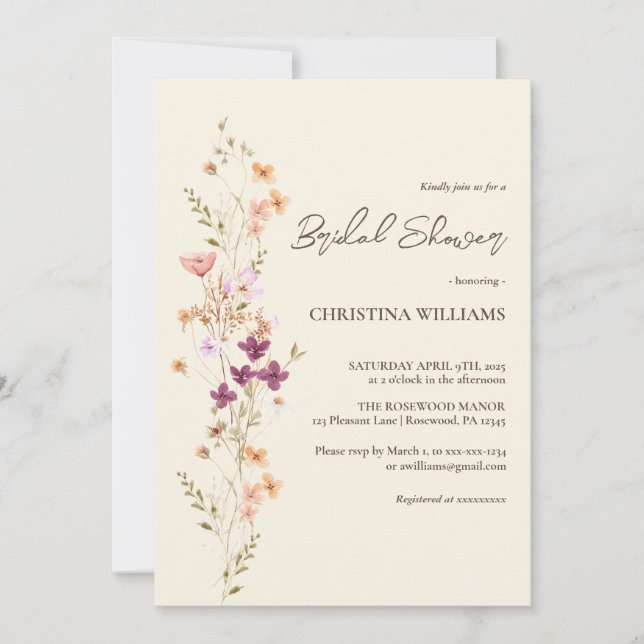 Invitación Elegante Cream Boho Wildflowers Bridal Shower (Anverso)