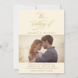 Invitación Elegante Cream Gold Caligraphy Boda de fotografía