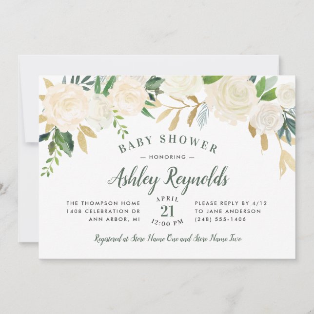 Invitación Elegante Cream Gold Floral Green Baby Shower (Anverso)