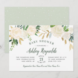 Invitación Elegante Cream Gold Floral Green Baby Shower