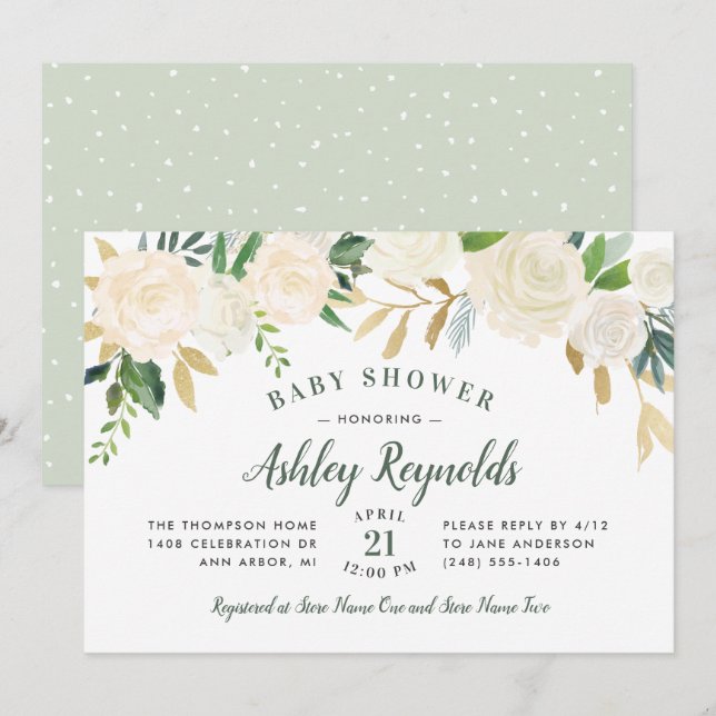 Invitación Elegante Cream Gold Floral Green Baby Shower (Anverso / Reverso)