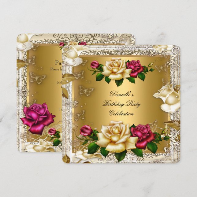 Invitación Elegante Cream Gold Pink Red Roses Fiesta de Cumpl (Anverso / Reverso)