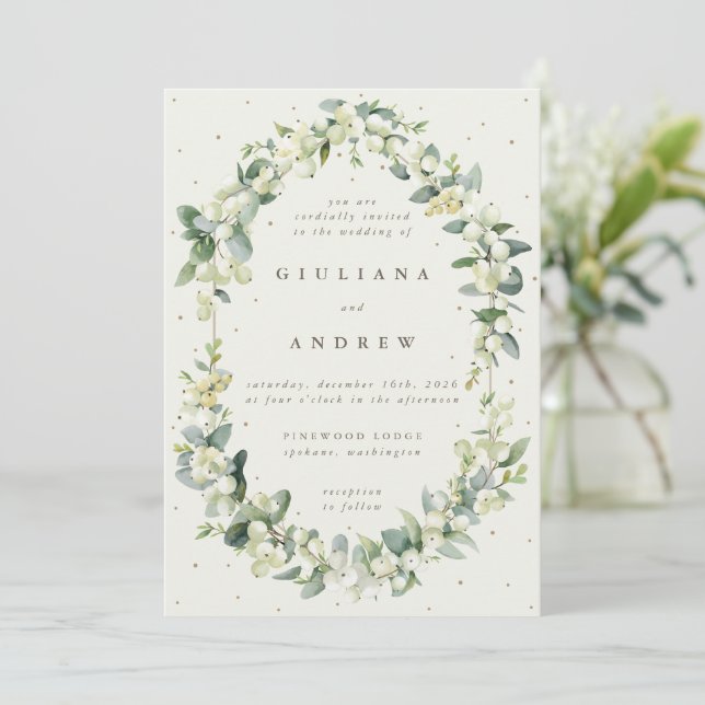 Invitación Elegante Cream Snowberry+Eucalyptus Boda de Invier (Anverso de pie)