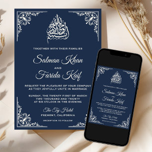 Invitación Elegante Crema Azul Marino Boda Musulmana Islámica