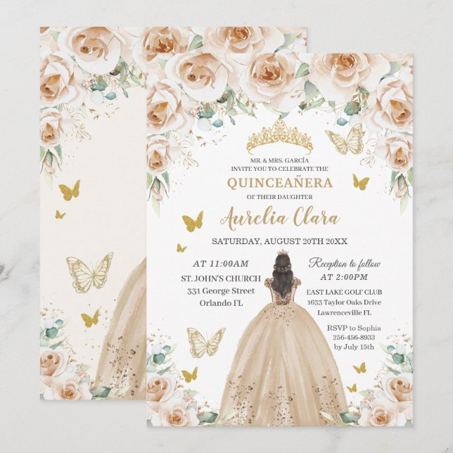 Invitación Elegante Crema Beige Floral Oro Quinceañera 16 (Anverso / Reverso)