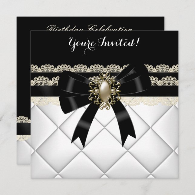 Invitación Elegante Crema Blanco Negro Pearl Lace Cumpleaños  (Anverso / Reverso)