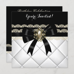 Invitación Elegante Crema Blanco Negro Pearl Lace Cumpleaños