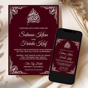 Invitación Elegante Crema Burgundy Boda Musulmana Islámica