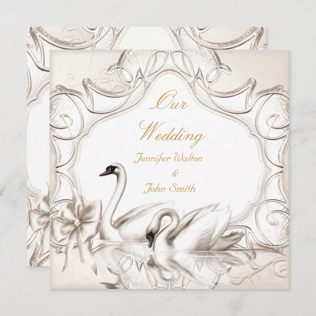 Invitación Elegante Crema de Boda Cisne Blanco se dobla (Anverso / Reverso)