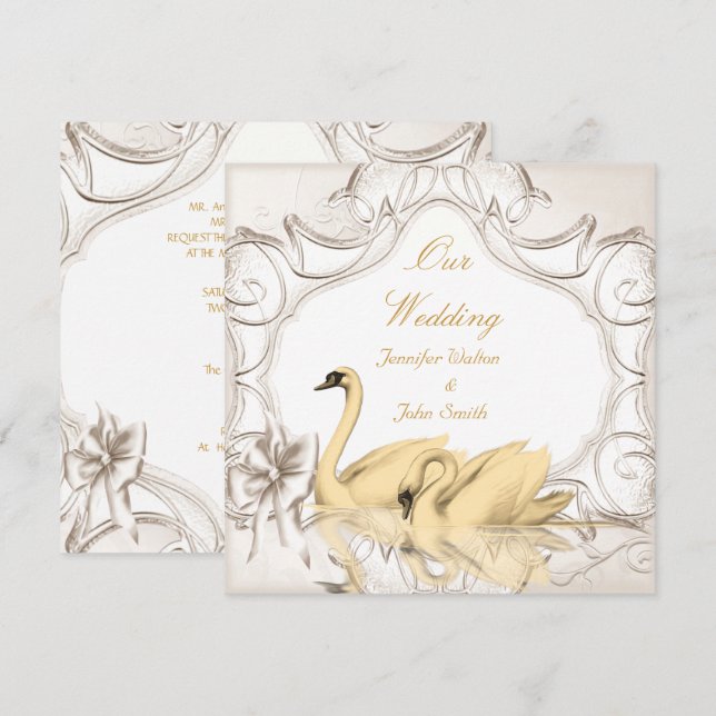 Invitación Elegante Crema de Boda Oro Cisnes Blancos Bow Set (Anverso / Reverso)