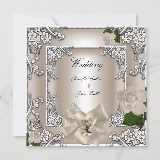 Invitación Elegante Crema de Boda Rosa Plata Blanco (Anverso)