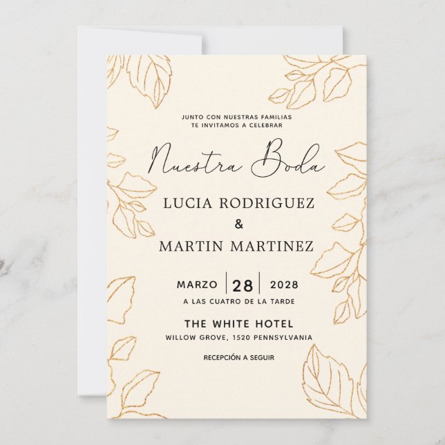 Invitación Elegante Crema De Hojas De Glod Español Nuestra Bo (Anverso)
