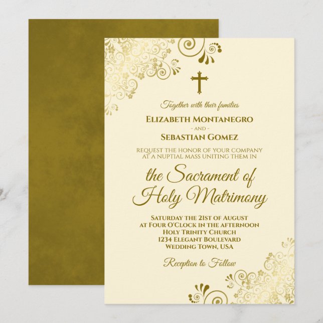 Invitación Elegante crema de marfil y Boda católico moderno d (Anverso / Reverso)