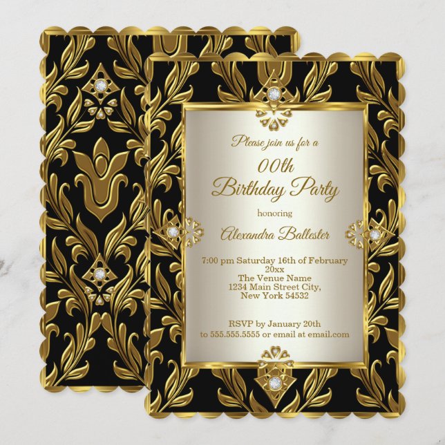 Invitación Elegante crema de oro Damask fiesta de cumpleaños  (Anverso / Reverso)