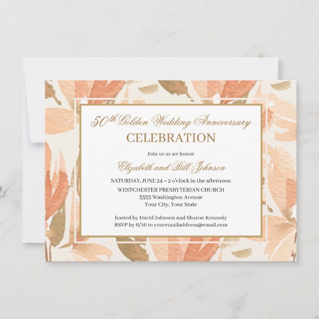 Invitación Elegante Crema de Oro Peach 50 Aniversario Boda (Anverso)