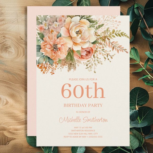 Invitación Elegante Crema de Peach Floral 60 cumpleaños (Peach and cream-colored watercolor floral 60th birthday party invitation)