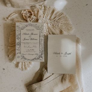 Invitación Elegante crema floral negro boho botánico boda