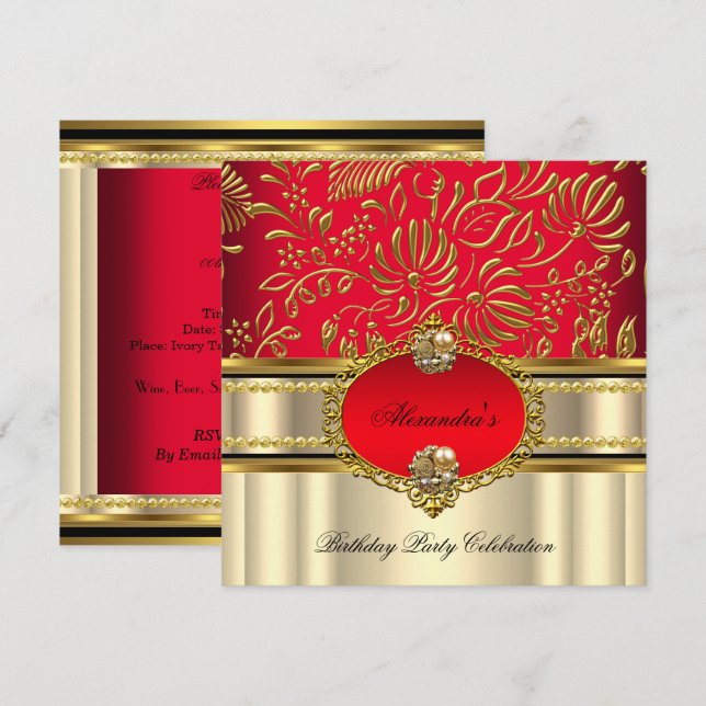 Invitación Elegante Crema Rojo Regal Dorado Damasco Cumpleaño (Anverso / Reverso)