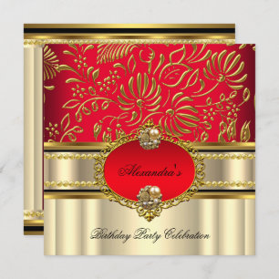 Invitación Elegante Crema Rojo Regal Dorado Damasco Cumpleaño