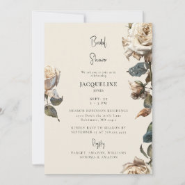 Invitación Elegante Crema Rosas Secos Blancos Ducha Bridal