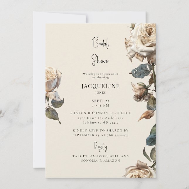 Invitación Elegante Crema Rosas Secos Blancos Ducha Bridal (Anverso)