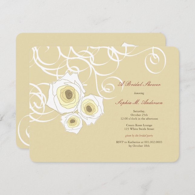 Invitación Elegante Crema Rosas y ducha nupcial invitada (Anverso / Reverso)