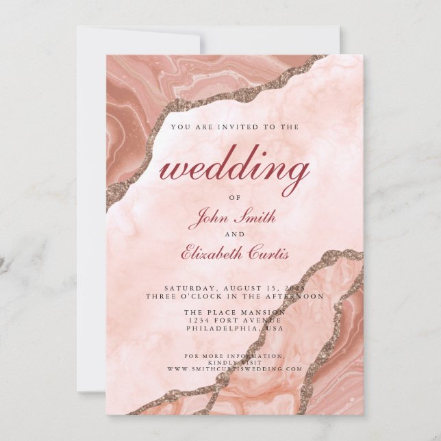 Invitación Elegante crema Rubor Agate Boda de oro rosa suave (Anverso)