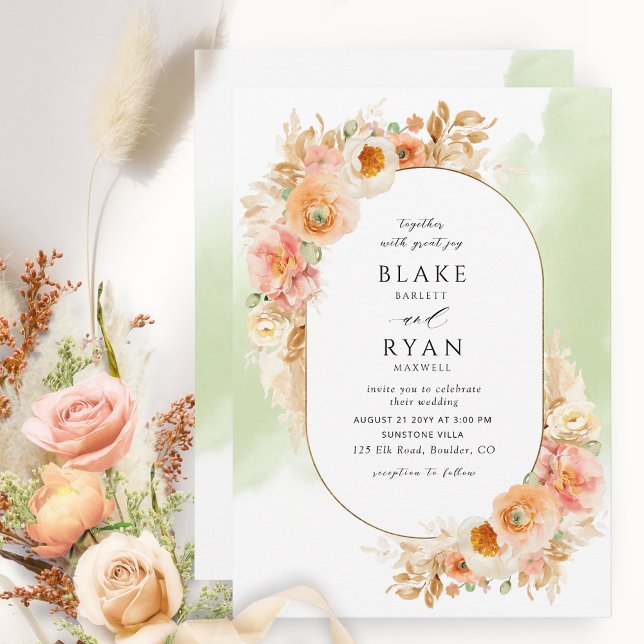 Invitación Elegante crema Rubor Peach y Boda Oval Verde (Subido por el creador)