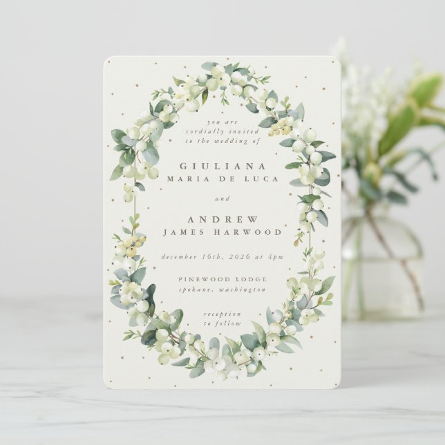 Invitación Elegante Crema Snowberry+Eucalyptus Boda (Anverso de pie)