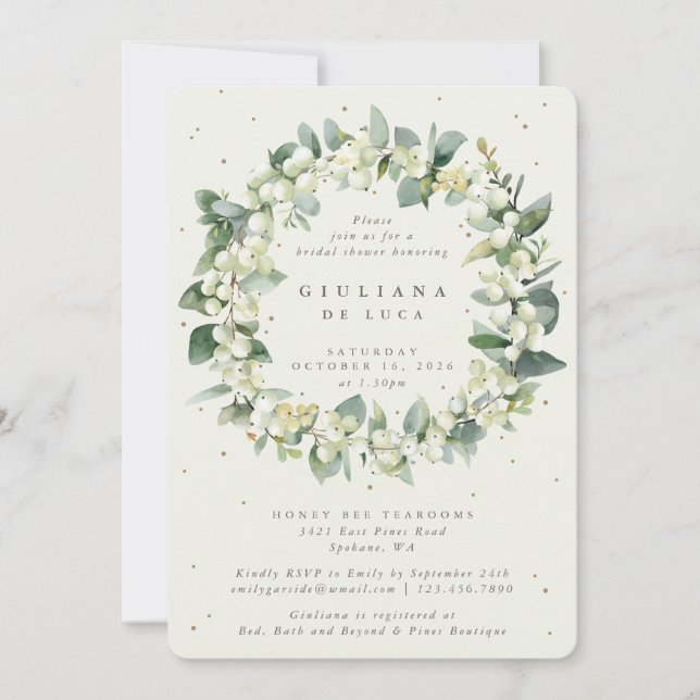 Invitación Elegante Crema Snowberry+Eucalyptus Bridal Shower (Anverso)