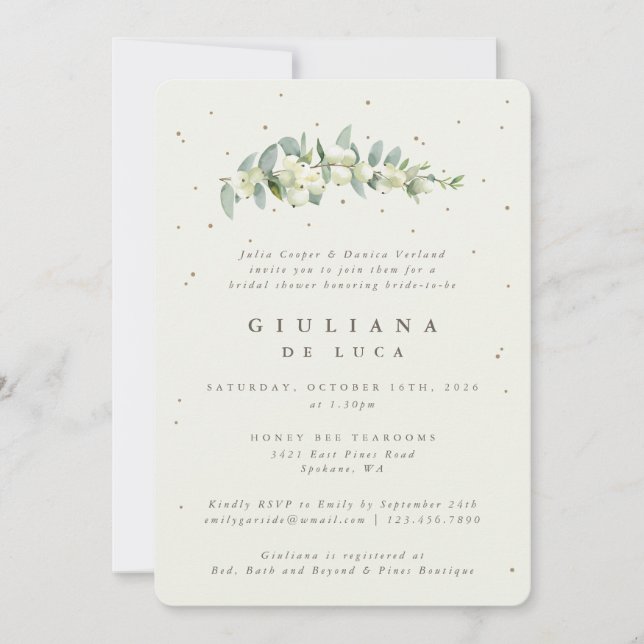 Invitación Elegante Crema Snowberry+Eucalyptus Bridal Shower (Anverso)