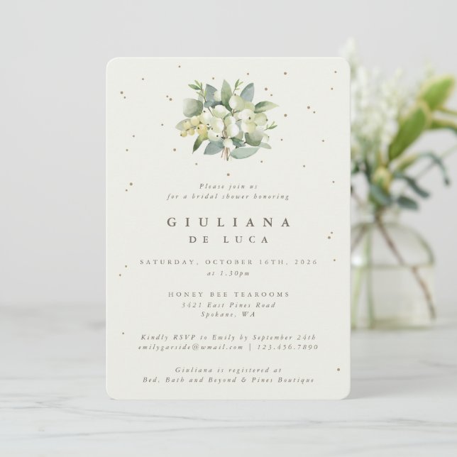 Invitación Elegante Crema Snowberry+Eucalyptus Bridal Shower (Anverso de pie)