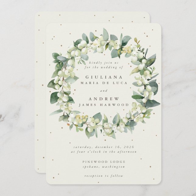 Invitación Elegante Crema Snowberry + Eucalyptus Wreath Boda (Anverso / Reverso)