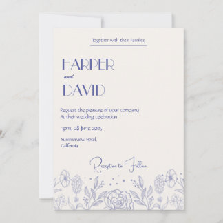 Invitación Elegante Crema y Blue Floral Line Wedding Invitado