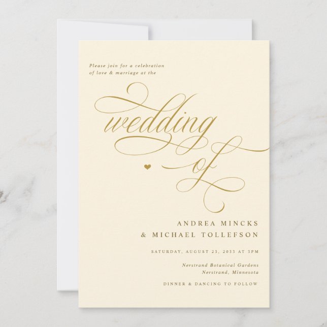 Invitación Elegante crema y Boda de caligrafía de oro (Anverso)
