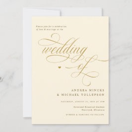 Invitación Elegante crema y Boda de caligrafía de oro