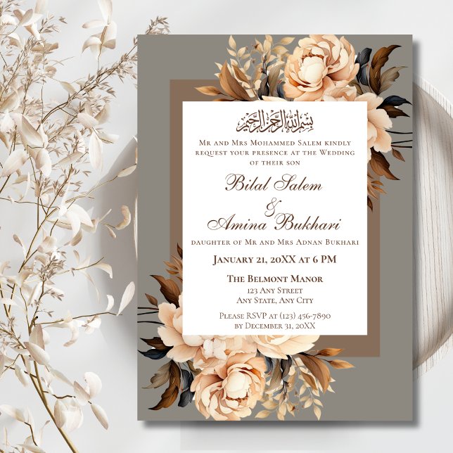 Invitación Elegante crema y Boda floral marrón islámico (Subido por el creador)