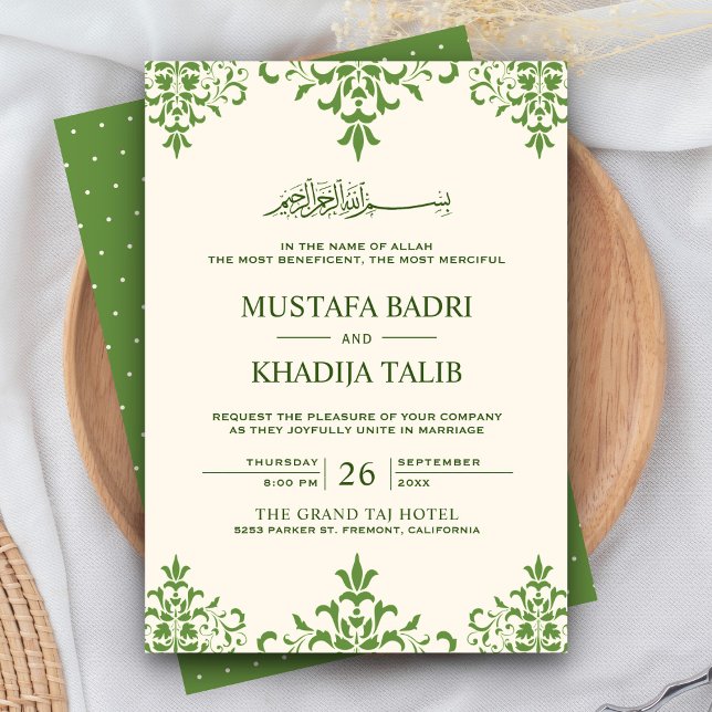Invitación Elegante crema y Boda islámico damasco verde (Subido por el creador)
