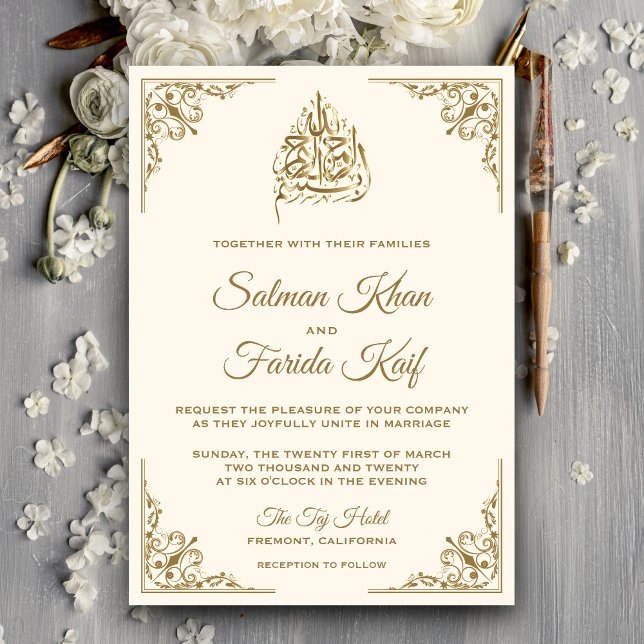Invitación Elegante crema y Boda islámico de oro (Subido por el creador)