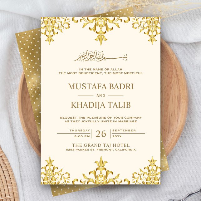 Invitación Elegante crema y Relieve metalizado dorado Damasco (Subido por el creador)