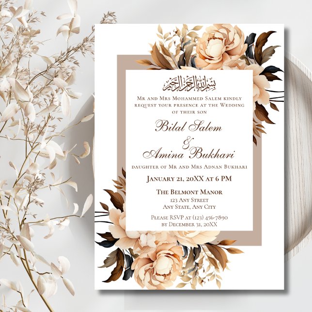 Invitación Elegante crema y tan floral Boda islámico (Subido por el creador)