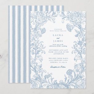 Invitación Elegante Crespón Floral Azul con Espalda Rayada de