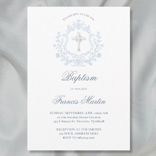 Invitación elegante cresta azul Bautismo