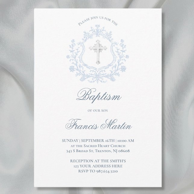 Invitación elegante cresta azul | Bautismo (Subido por el creador)