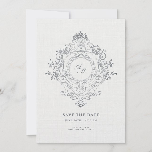 Invitación Elegante Cresta Barroca Estilo Negro Save the Date (Anverso)