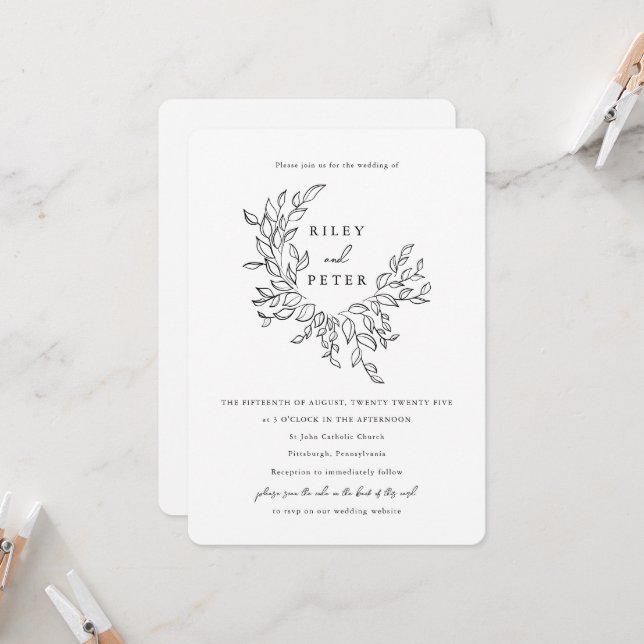 Invitación Elegante Cresta Botánica con Código de RSVP Boda (Anverso/Reverso In Situ)