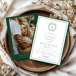 Invitación Elegante cresta botánica monograma boda azul marin