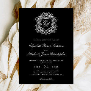 Invitación Elegante Cresta de Boda con Monograma Negro